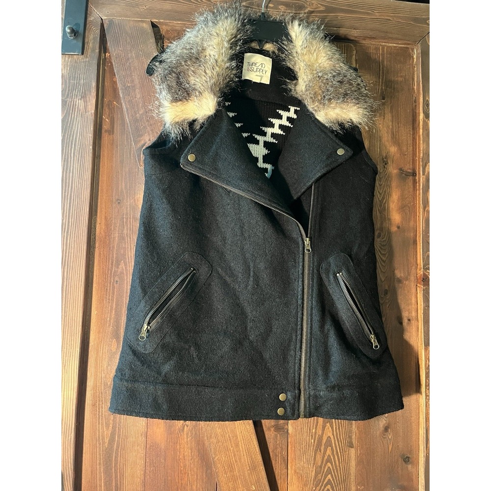 Thread & Supply Wool Vest Sweater Women's L Zip Up Faux Fur Collar Back Aztec